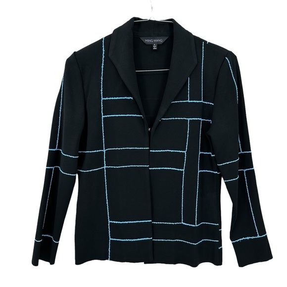 New MING WANG Jacket Open Front, Single Clasp, Knit Black Blue - Picture 1 of 11